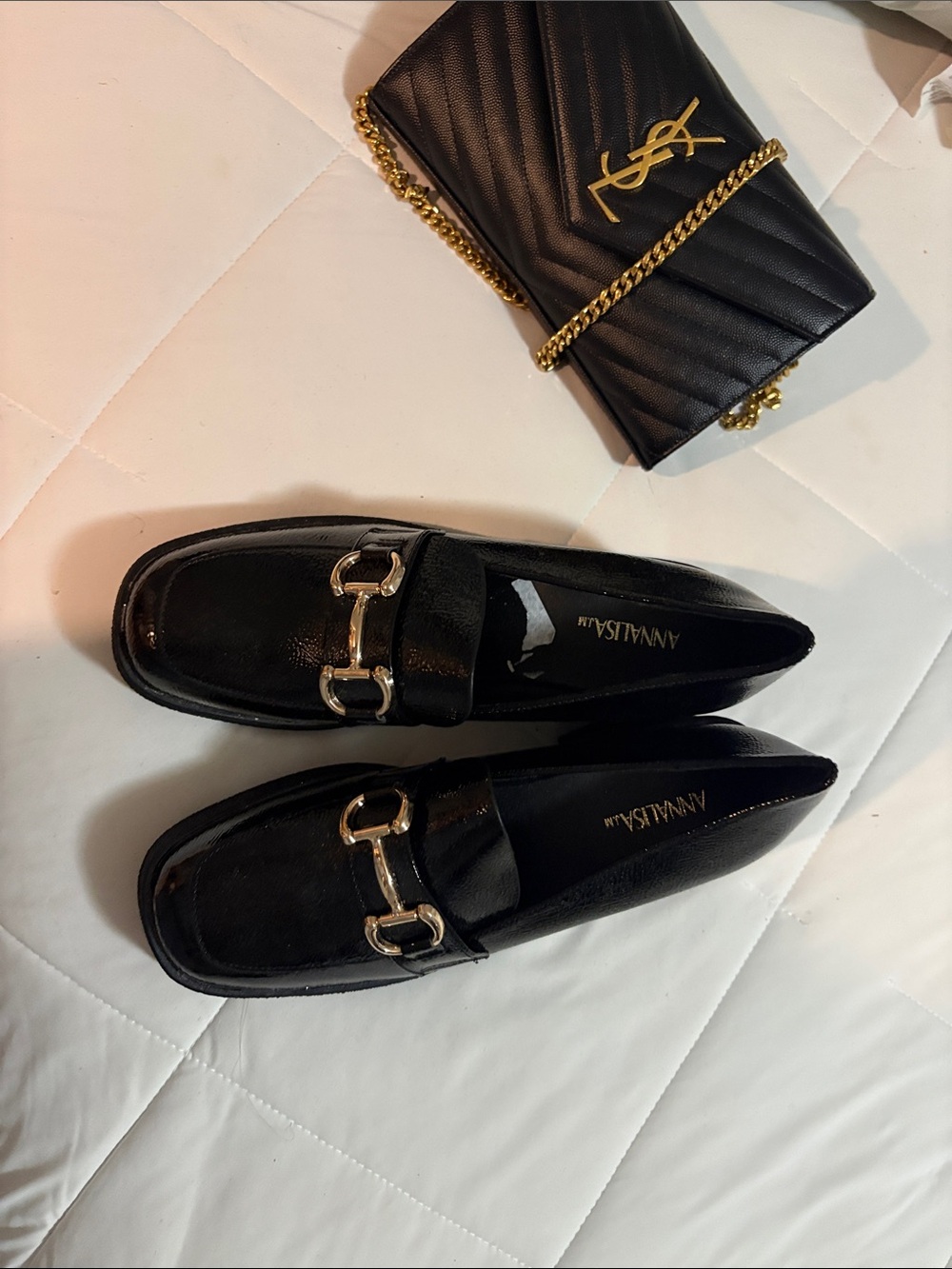 Anna Sui Black Leather Loafers with Gold-Tone Bit